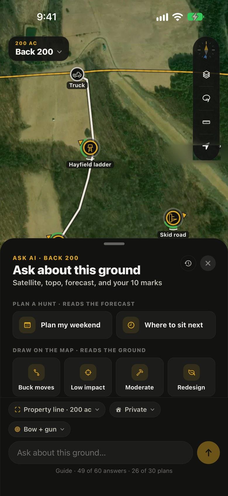 The Ask AI drawer in DECOHunt, with suggested questions over the map.