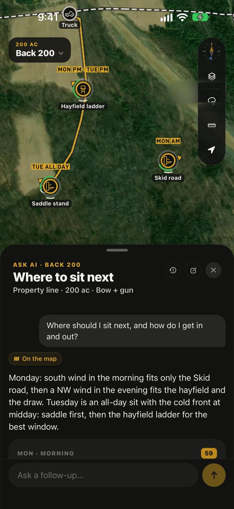 DECOHunt’s Ask AI answer for where to sit next, with sit tags on the map.