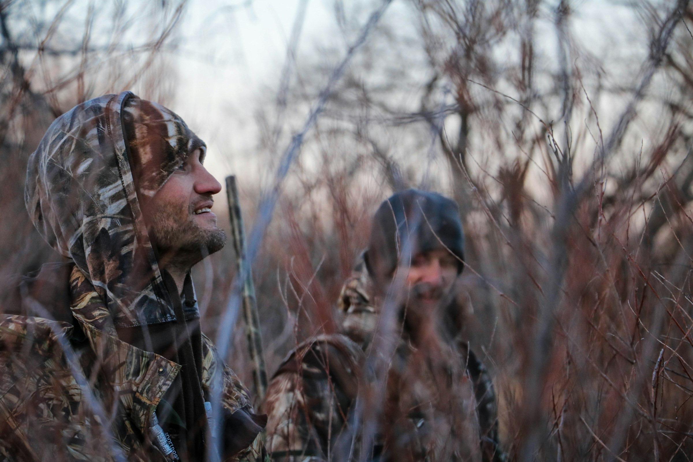 Two hunters in camouflage, tucked into brush, watching the same field.