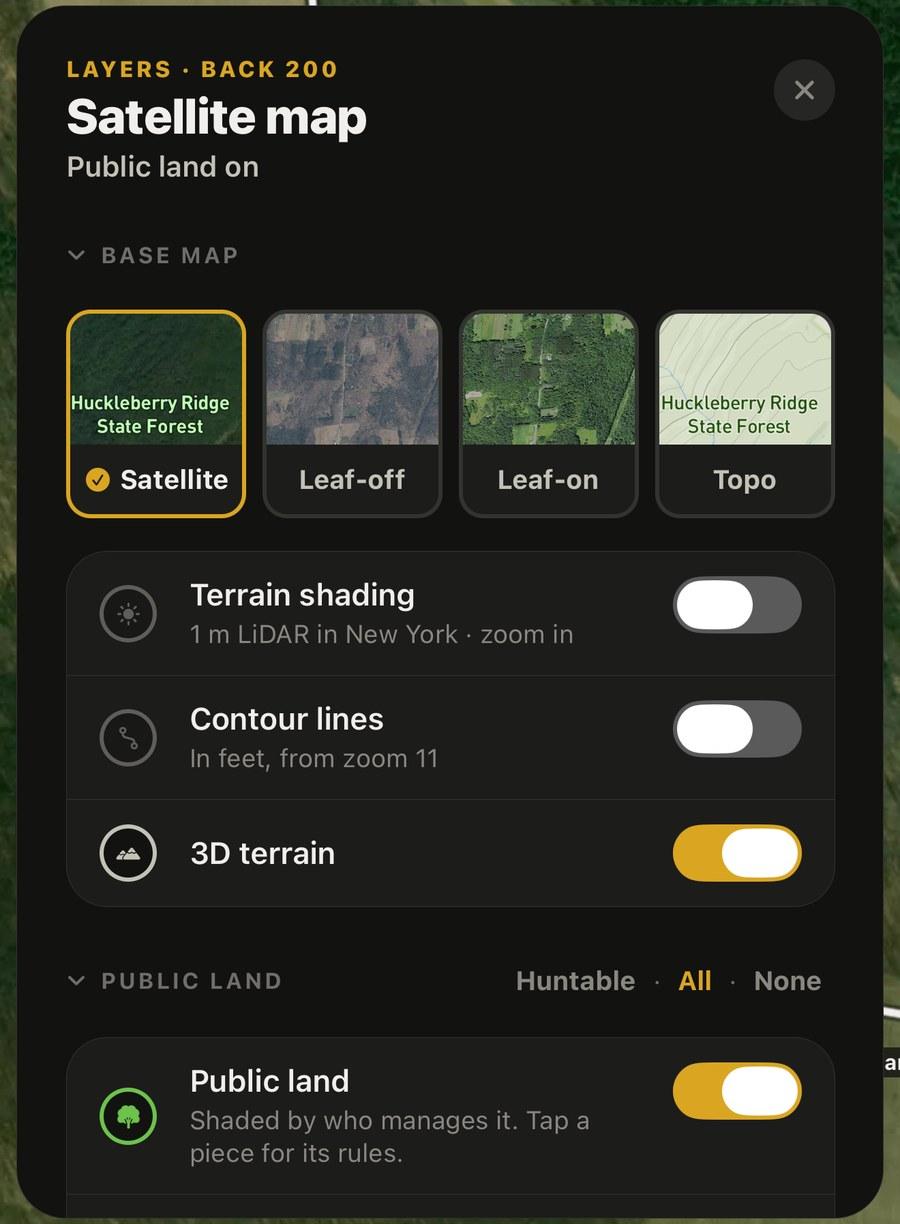 The Layers card: four base maps, terrain shading, contours and public land shading.