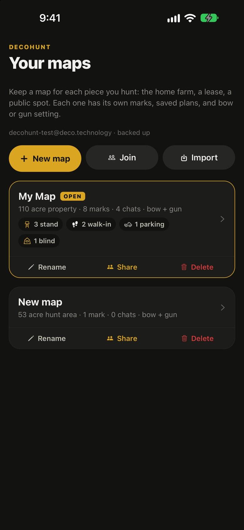 Your maps: one per piece of ground, each with its own marks and plans, backed up.