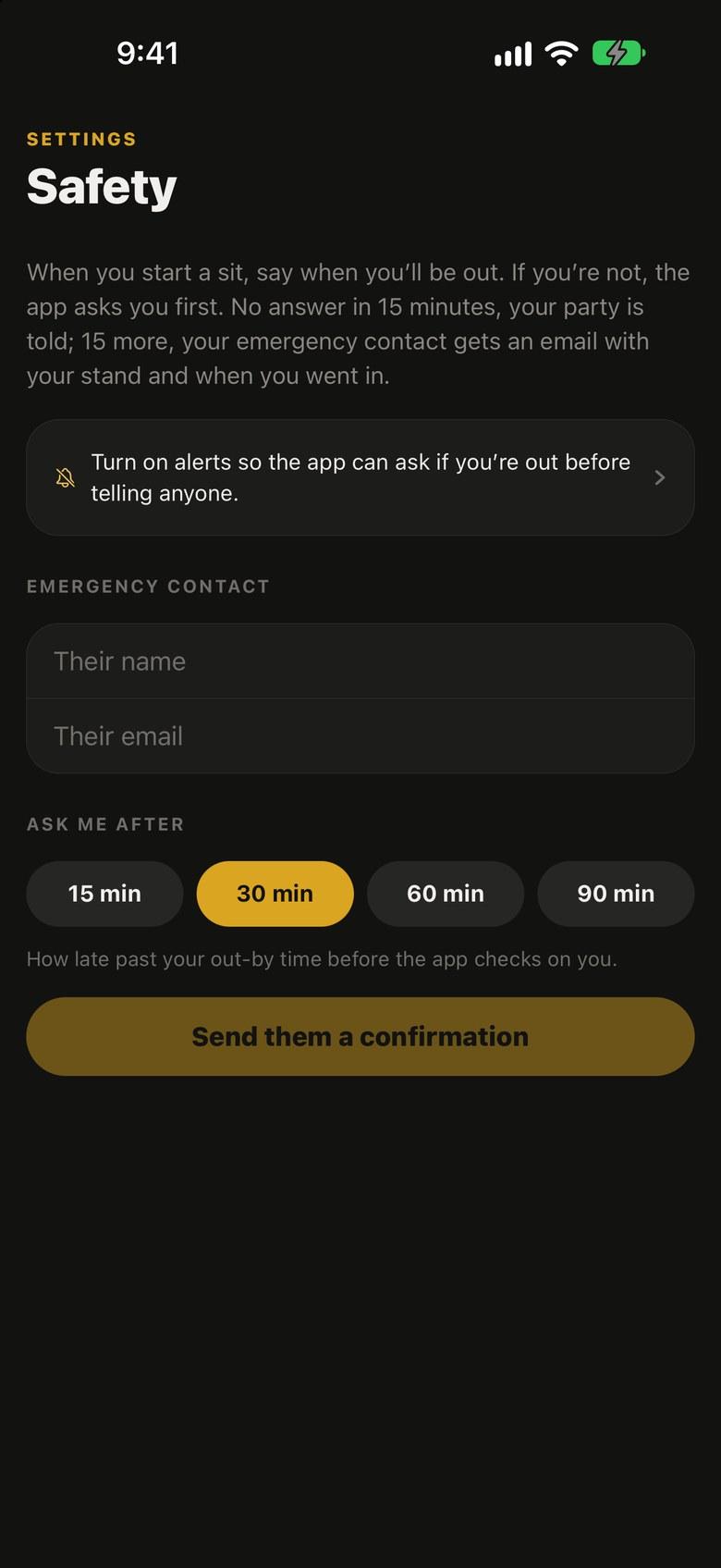 Safety settings: ask me after, your emergency contact.