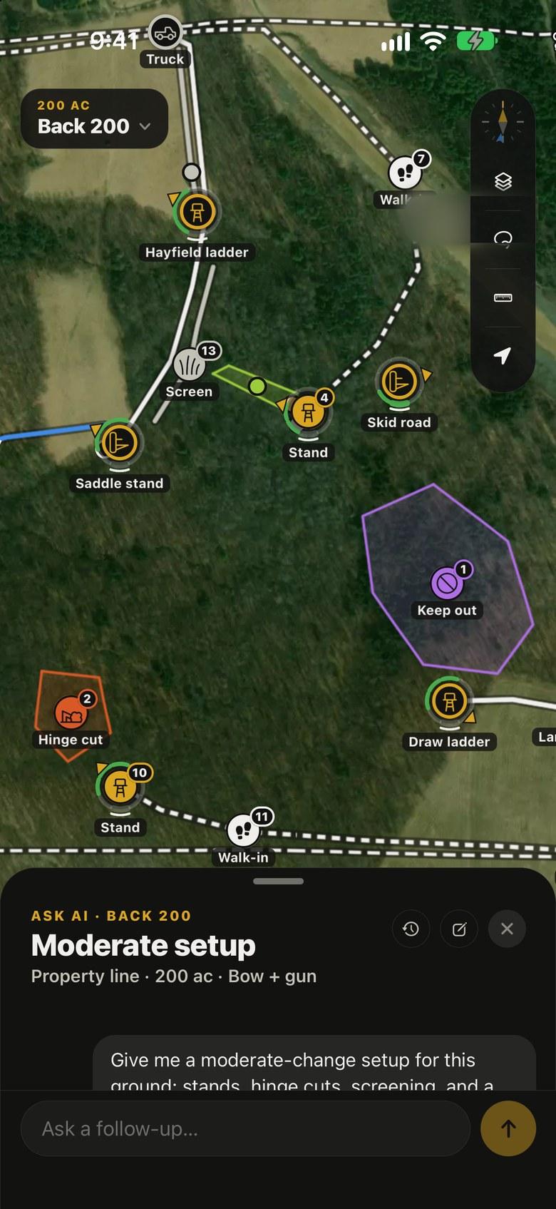 A drawn plan on the map: bedding, corridors and walk-ins with distances.