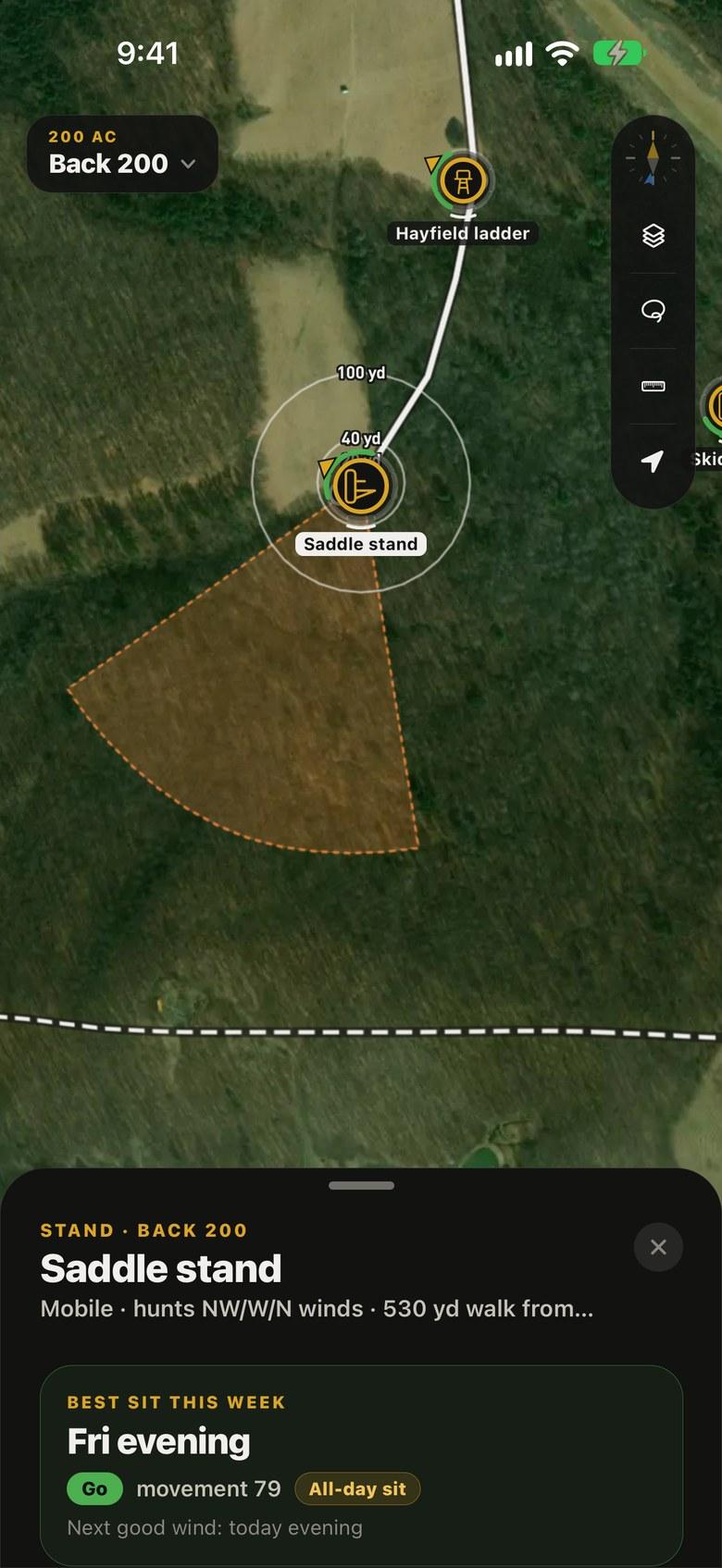 A stand on the map with its gold scent cone and range rings.