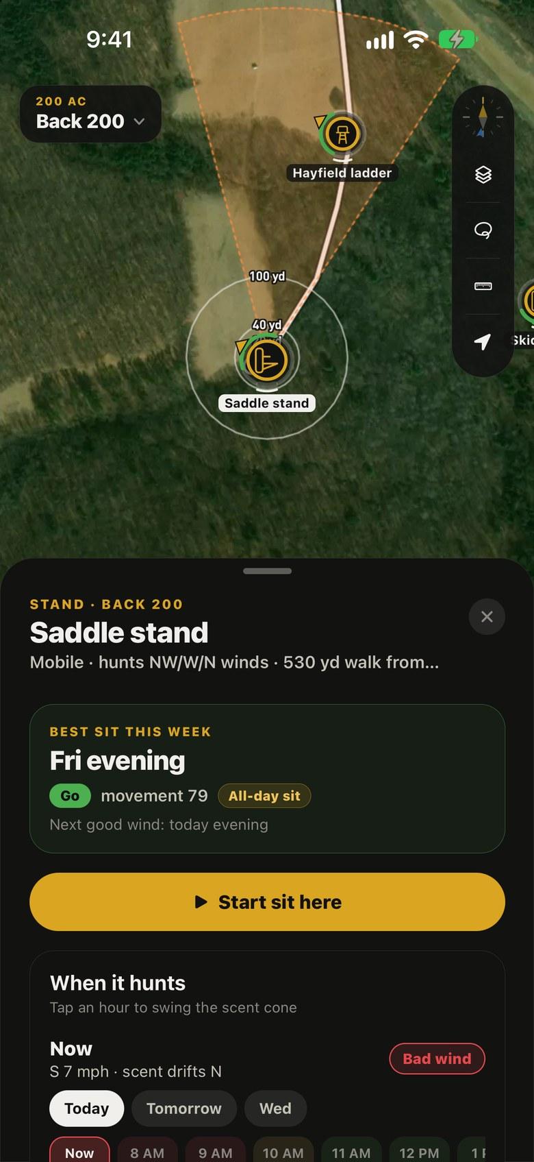 A stand’s card with Start sit and the hours its wind fits.
