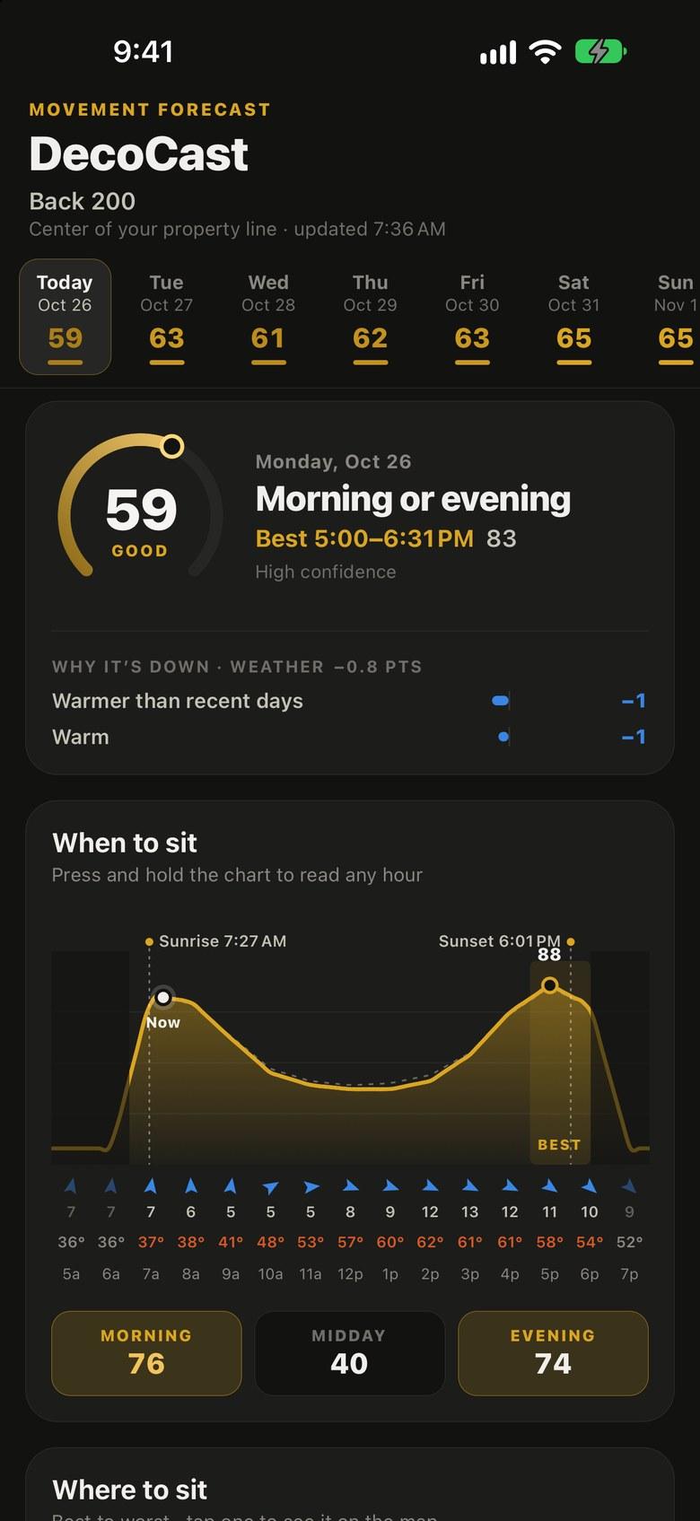 DecoCast in the app: today’s score ring, verdict and best window.